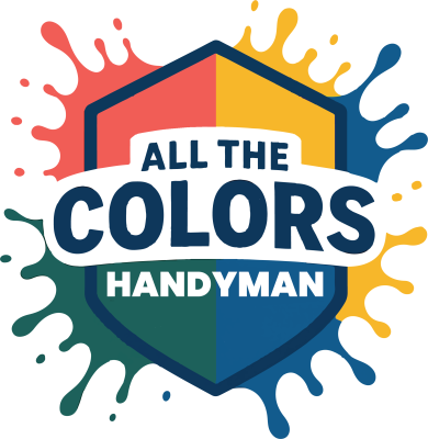 All The Colors Handyman logo: A shield divided into quarters. Each quarter is a different color: red, yellow, blue and green. The color is splashing outside the shield. The company name sits in the center.